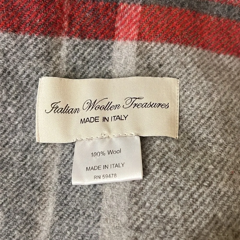 ITALIAN WOOLLEN TREASURES wool scarf, red & gray plaid with fringe, Italy